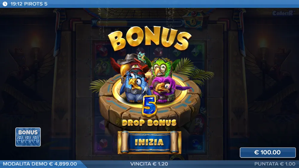 Pirots 5: schermata di avvio del bonus con 5 drop