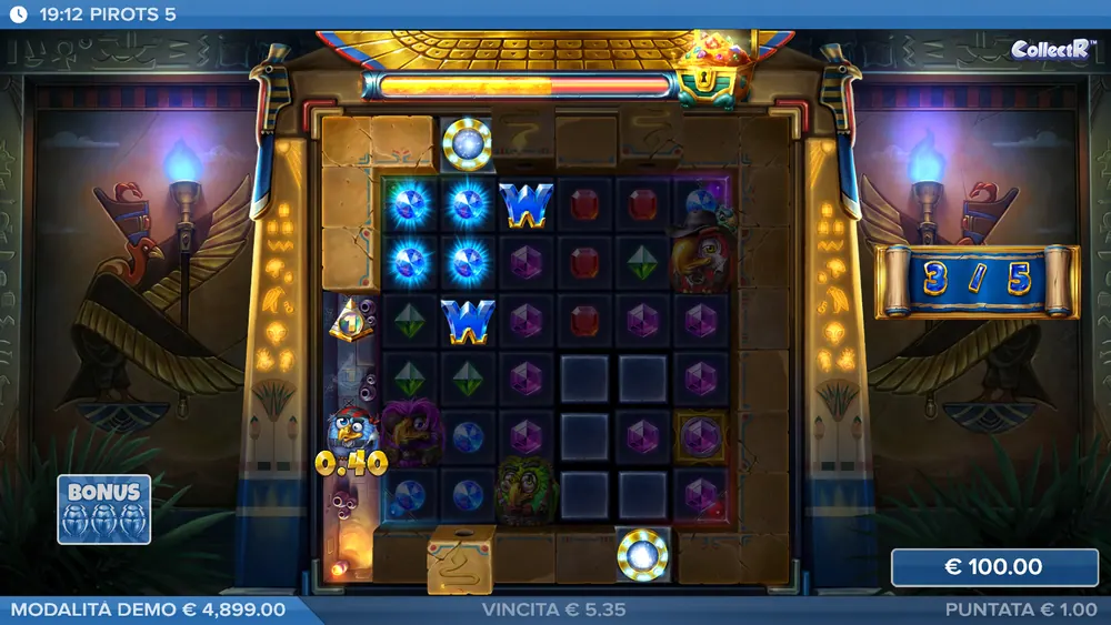 Pirots 5: pappagallo che percorre un tunnel fra due portali