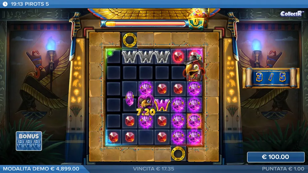 Pirots 5 durante il bonus: tre Wild e un pappagallo viola che raccoglie gemme