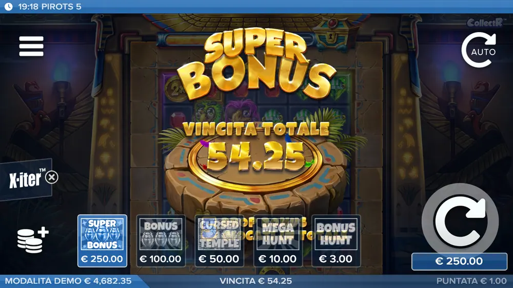Pirots 5: schermata vincita totale del super bonus 54,25