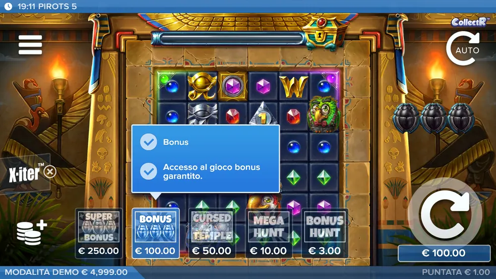Pirots 5 demo: modalità X-iter Bonus selezionata
